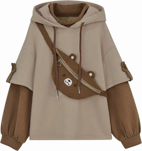 Wkishenl Cute Bear Hoodies for Womens Kawaii Clothes Long Sleeve Aesthetic Sweatshirts Patchwork Shirts with Personality Bag