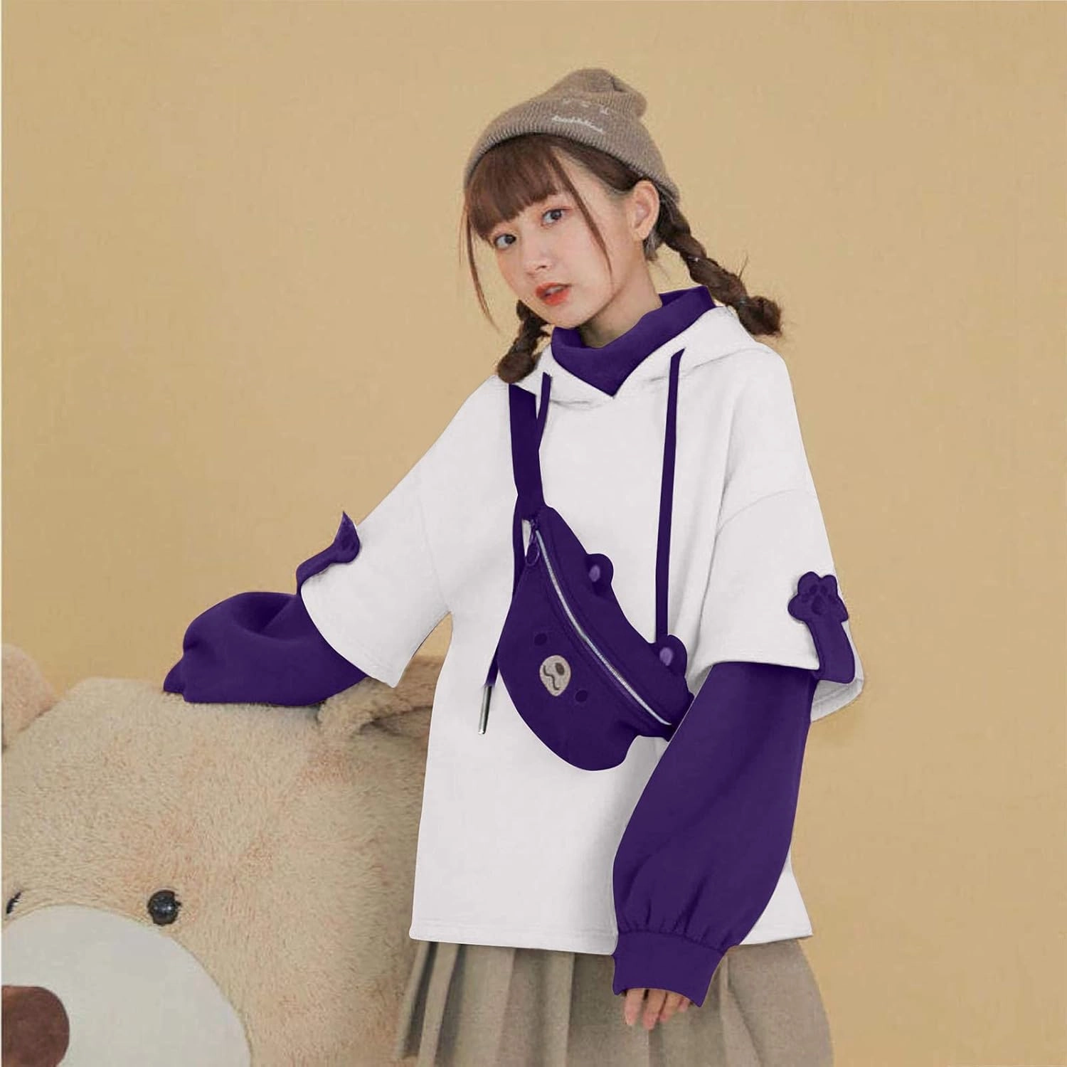 Wkishenl Cute Bear Hoodies for Womens Kawaii Clothes Long Sleeve Aesthetic Sweatshirts Patchwork Shirts with Personality Bag