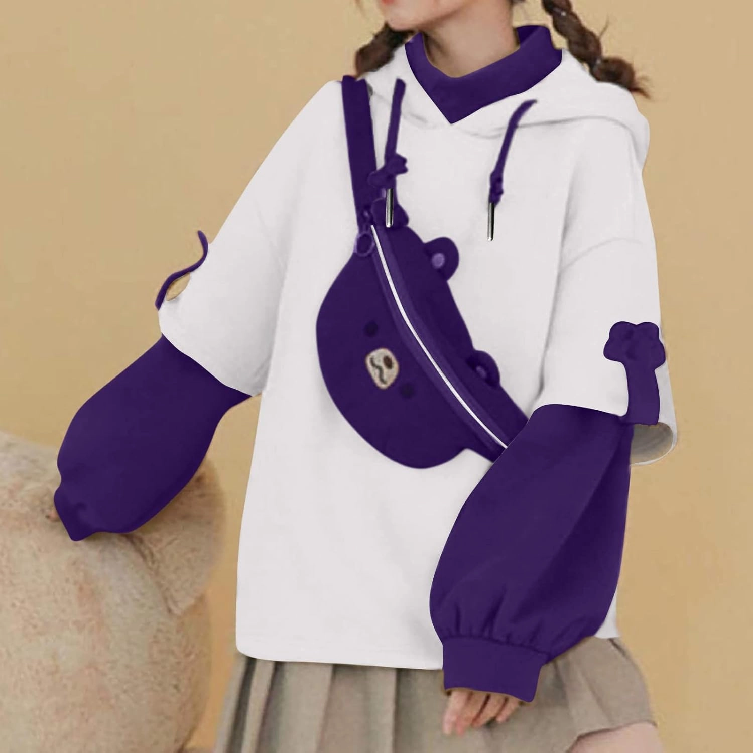 Wkishenl Cute Bear Hoodies for Womens Kawaii Clothes Long Sleeve Aesthetic Sweatshirts Patchwork Shirts with Personality Bag