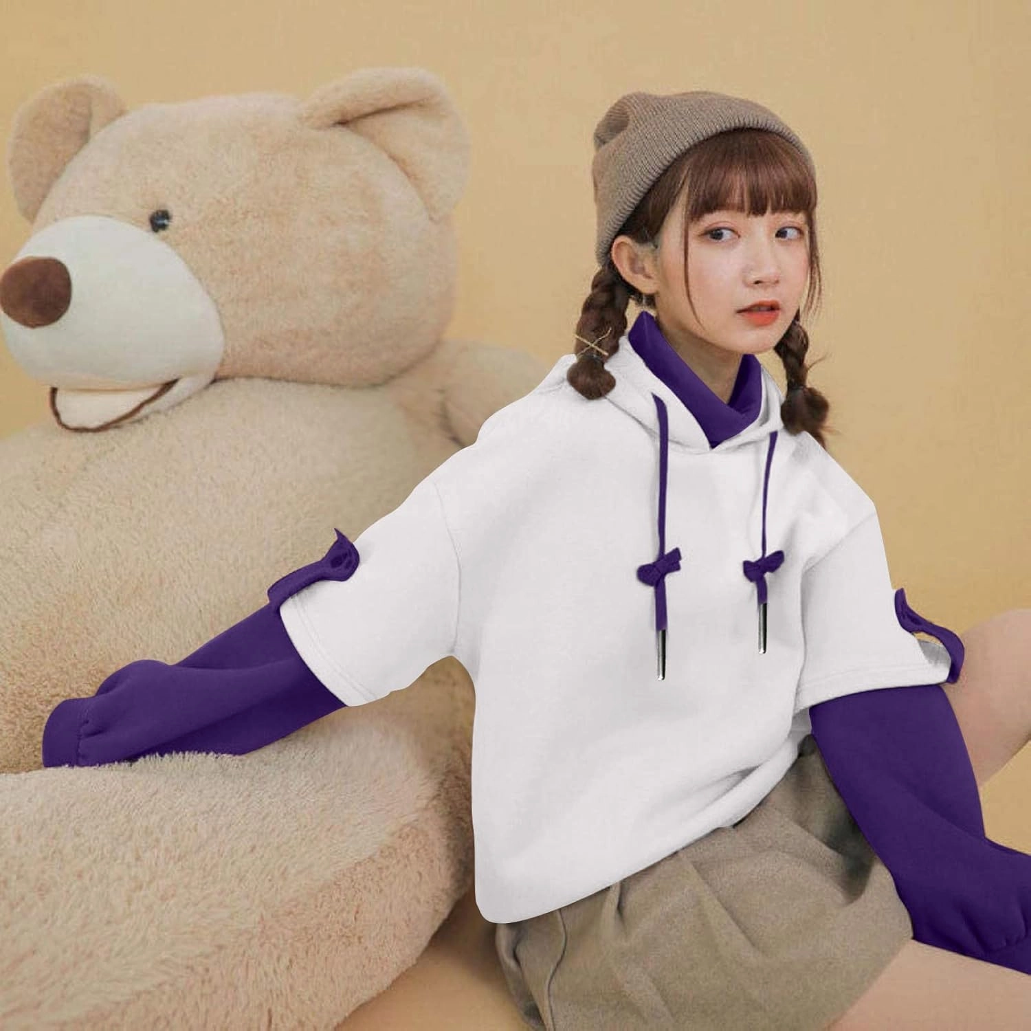 Wkishenl Cute Bear Hoodies for Womens Kawaii Clothes Long Sleeve Aesthetic Sweatshirts Patchwork Shirts with Personality Bag