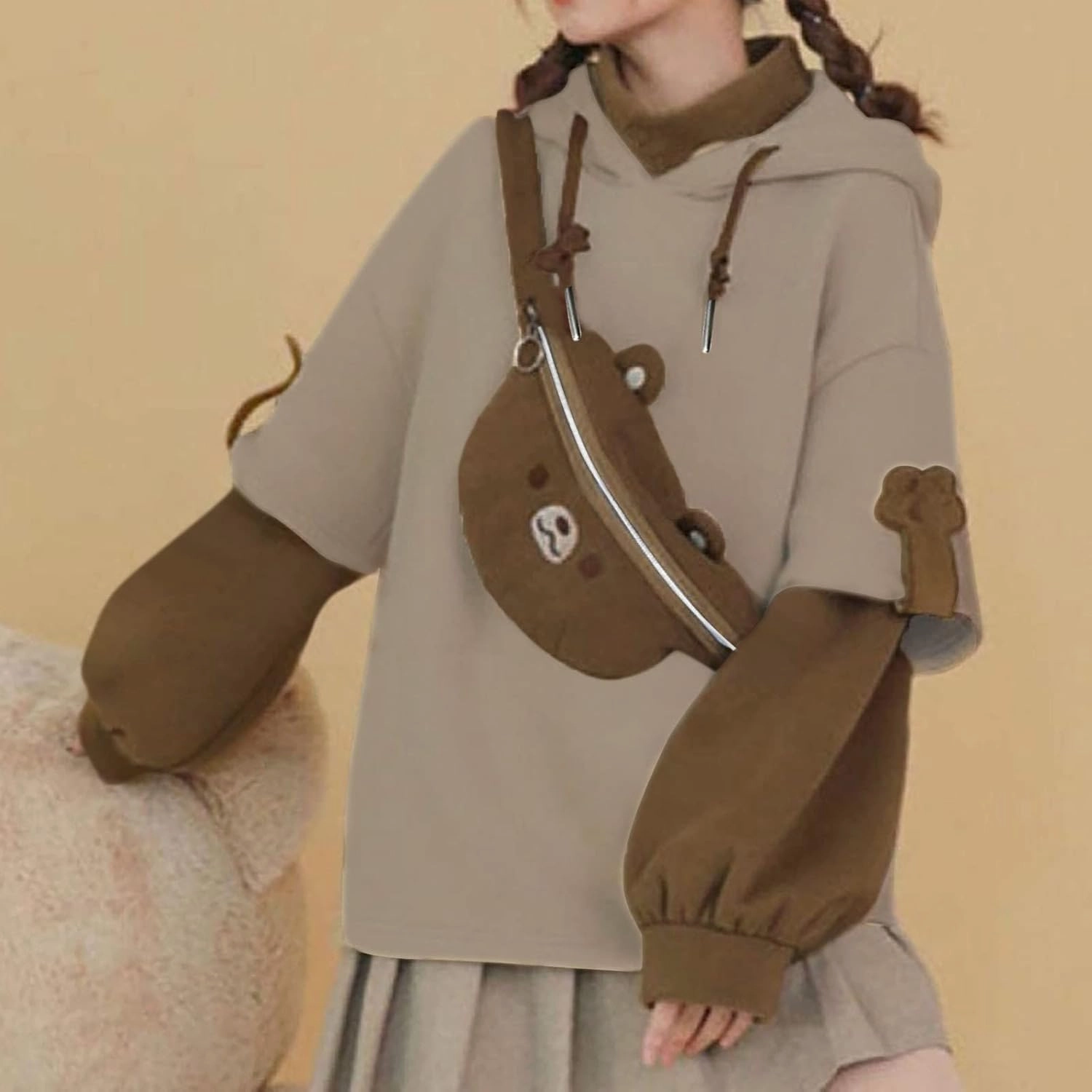 Wkishenl Cute Bear Hoodies for Womens Kawaii Clothes Long Sleeve Aesthetic Sweatshirts Patchwork Shirts with Personality Bag