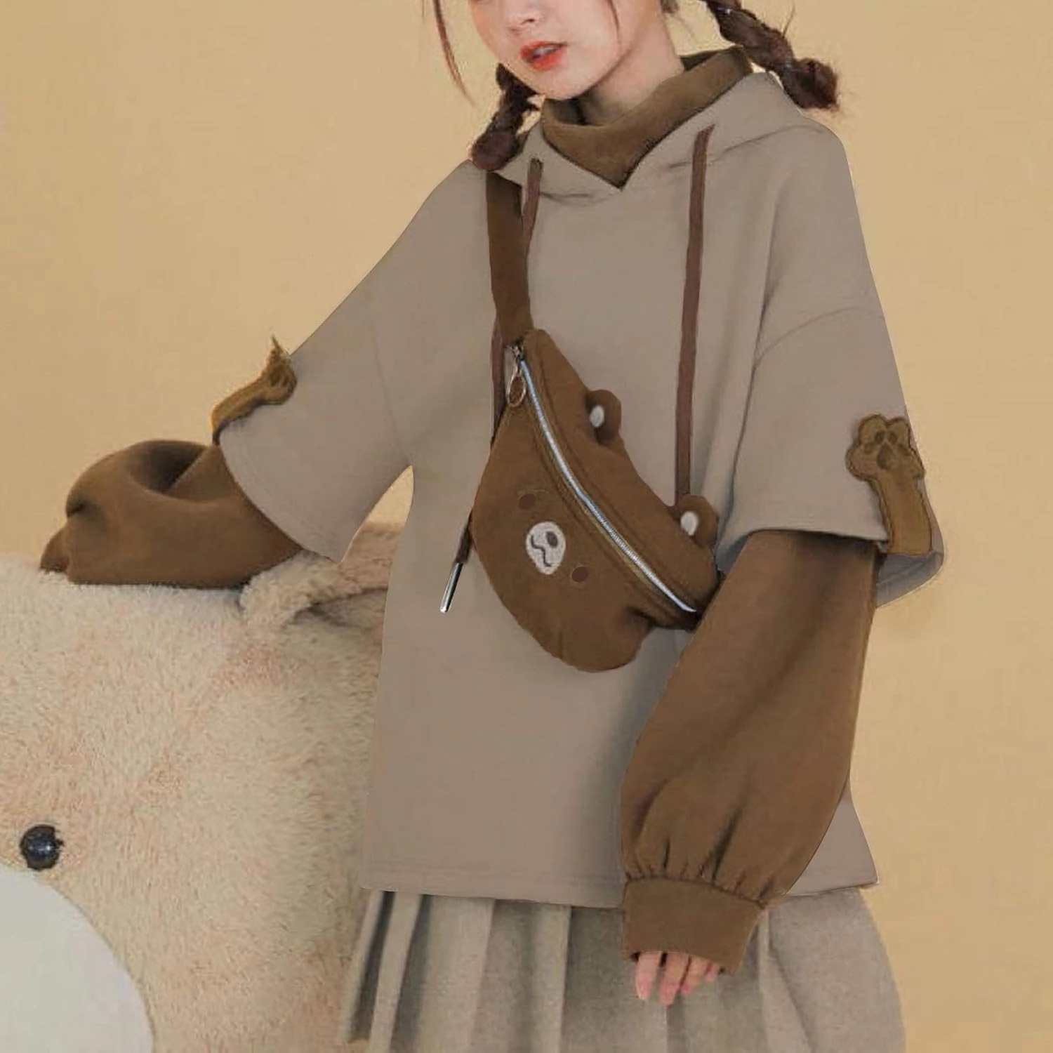 Wkishenl Cute Bear Hoodies for Womens Kawaii Clothes Long Sleeve Aesthetic Sweatshirts Patchwork Shirts with Personality Bag