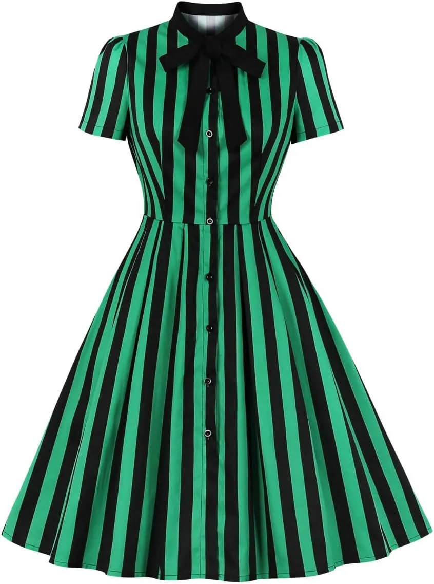 Women 1950s Vertical Short Sleeve Striped Dress Halloween Costume Vintage Buttons Tie Rockabilly Pinup Dress Cosplay