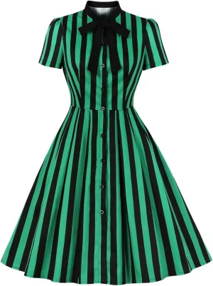 Women 1950s Vertical Short Sleeve Striped Dress Halloween Costume Vintage Buttons Tie Rockabilly Pinup Dress Cosplay