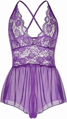 Women Lingerie Sheer Lace Mini Babydoll Teddy Sexy Bodysuit Backless Sleepwear