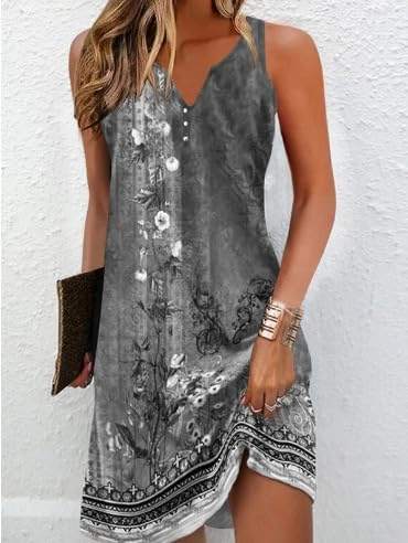 Women's Flower Print Single-Breasted A-Line Dresses Sexy Sleeveless V-Neck Dress Casual Loose Beach Sundress