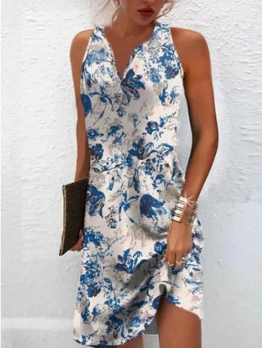 Women's Flower Print Single-Breasted A-Line Dresses Sexy Sleeveless V-Neck Dress Casual Loose Beach Sundress