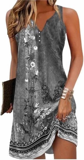 Women's Flower Print Single-Breasted A-Line Dresses Sexy Sleeveless V-Neck Dress Casual Loose Beach Sundress