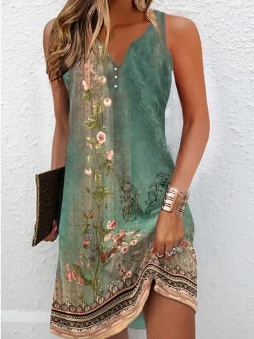 Women's Flower Print Single-Breasted A-Line Dresses Sexy Sleeveless V-Neck Dress Casual Loose Beach Sundress