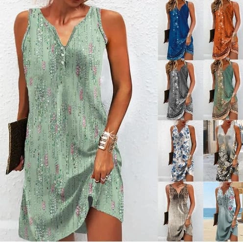 Women's Flower Print Single-Breasted A-Line Dresses Sexy Sleeveless V-Neck Dress Casual Loose Beach Sundress
