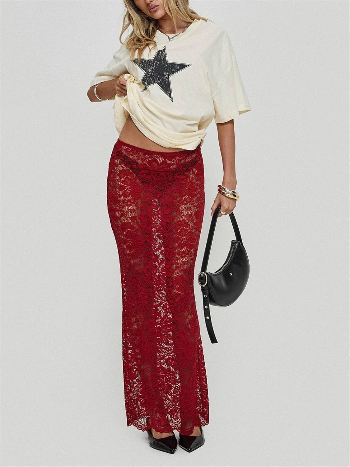 Women Sexy Lace Sheer Maxi Skirt Y2k Floral Lace Mesh Beach Cover-up Long Skirts Fairy Aesthetic Coquette Streetwear