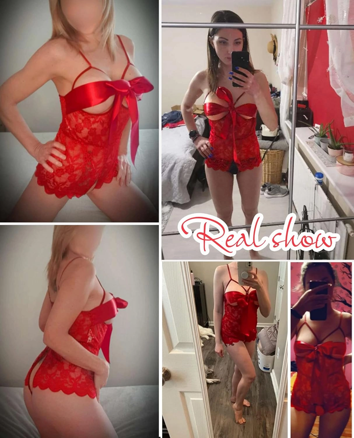 Women Teddy Lingerie Floral Lace Bodysuit Bow Front One Piece Babydoll Mini Bodysuit S-XXL
