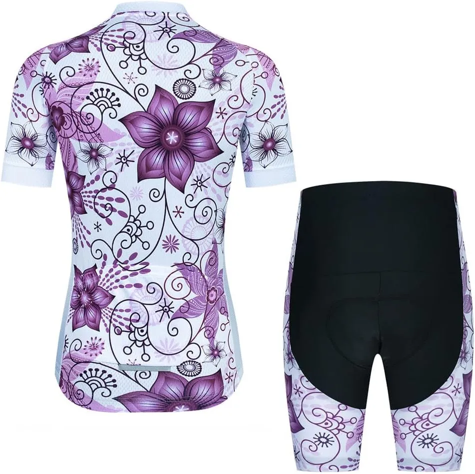 Womens Cycling Jersey Set, Summer Short Sleeve Ladies Mountain Bike Shirt and Shorts Kit MTB Suit Bicycle Clothes