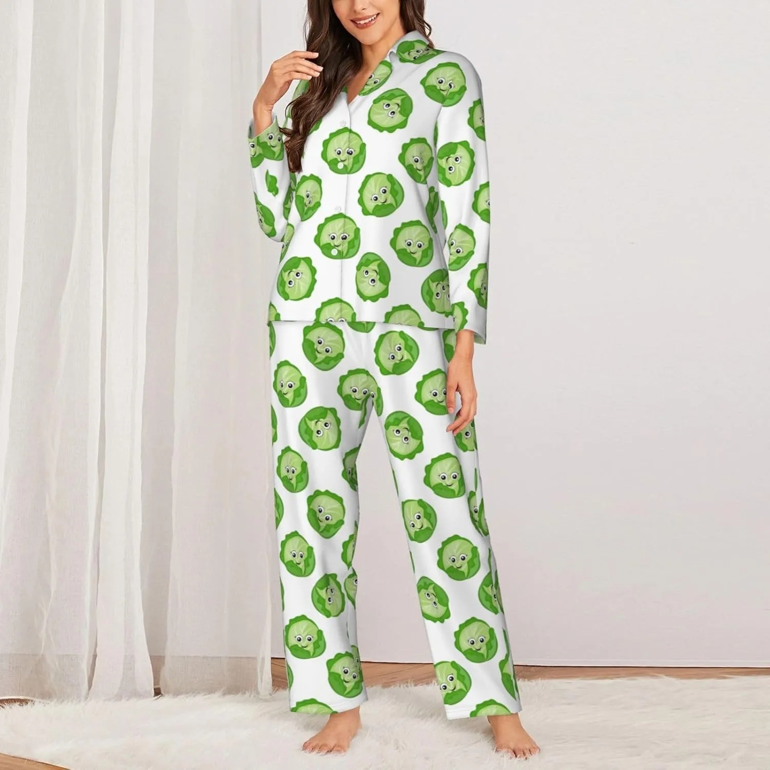 Womens Pajama Sets with Pockets - bright cabbage cute eyes funny Comfy Long 2 Piece Sleepwear Pjs Lounge Sets for Women