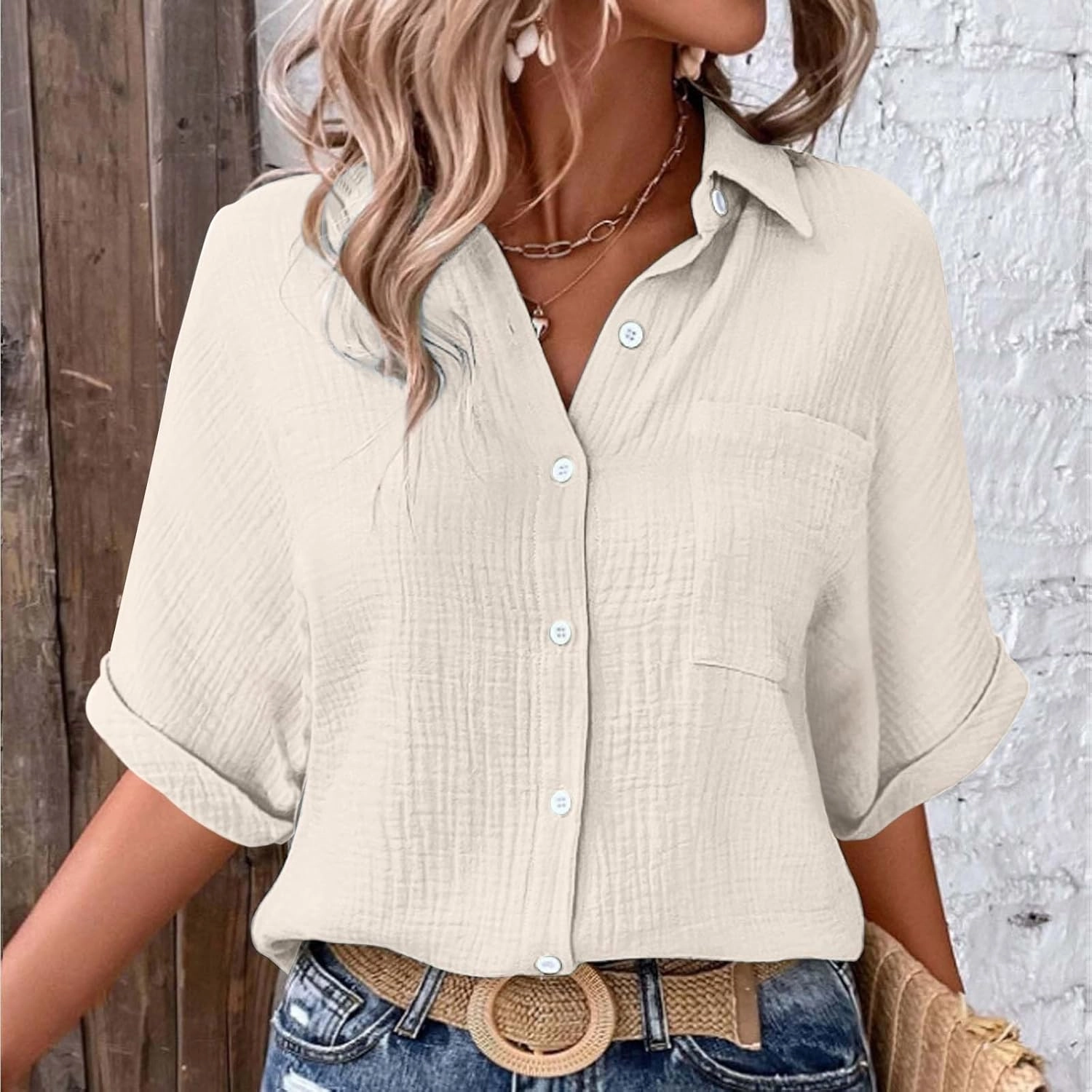 Womens Cotton Button Down Shirt Rolled Cuffed Short Sleeve Blouse Ladies Summer Casual V Neck Beach Cotton Tops