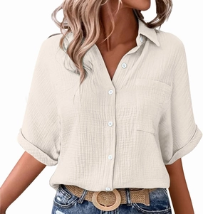 Womens Cotton Button Down Shirt Rolled Cuffed Short Sleeve Blouse Ladies Summer Casual V Neck Beach Cotton Tops