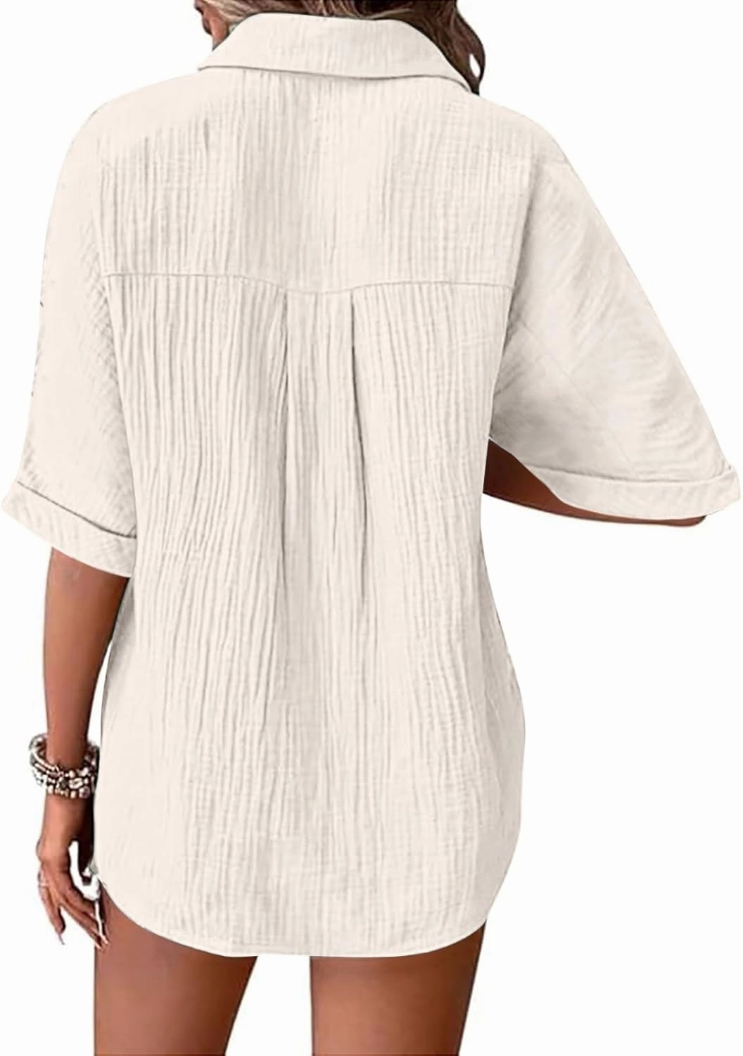 Womens Cotton Button Down Shirt Rolled Cuffed Short Sleeve Blouse Ladies Summer Casual V Neck Beach Cotton Tops