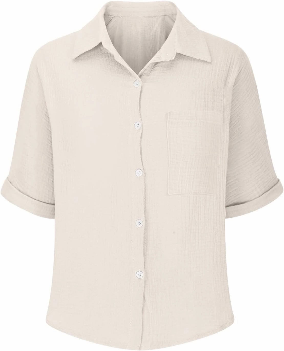 Womens Cotton Button Down Shirt Rolled Cuffed Short Sleeve Blouse Ladies Summer Casual V Neck Beach Cotton Tops
