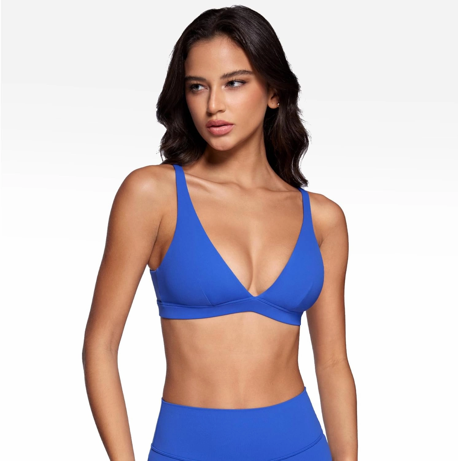 Womens Deep V-Neck Sports Bra Padded Low Impact Fitness Yoga Bra U Back Wireless Workout Bra Contour Crop Top