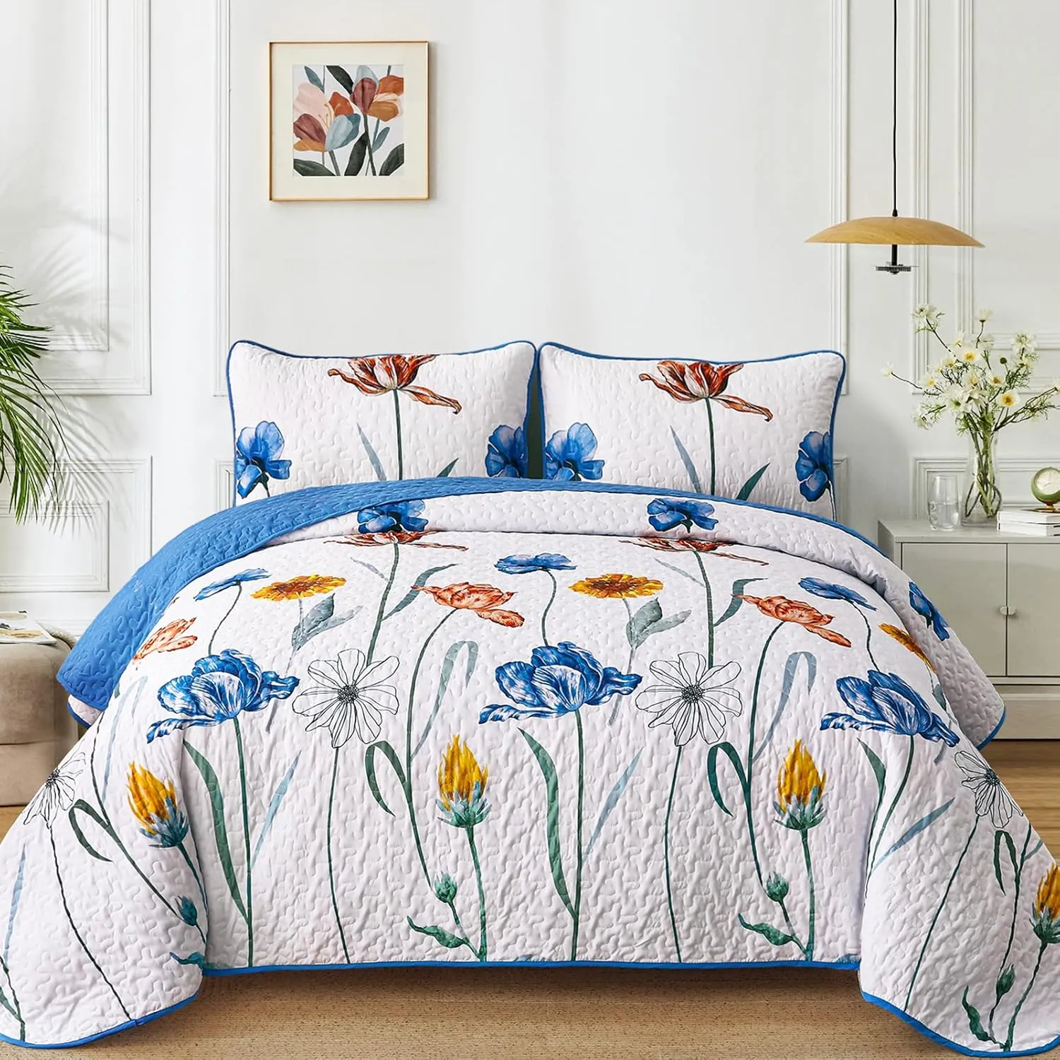 WONGS BEDDING Blue Quilt Set King Size,Cute Floral Botanical Bedspread Bedding Set with 2 Pillowcase,Lightweight Farmhouse Coverlet Set for All Season (104"x90")