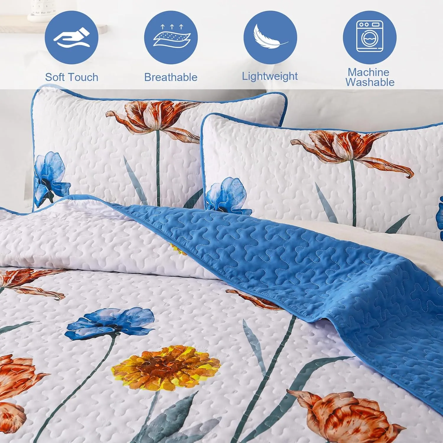 WONGS BEDDING Blue Quilt Set King Size,Cute Floral Botanical Bedspread Bedding Set with 2 Pillowcase,Lightweight Farmhouse Coverlet Set for All Season (104"x90")