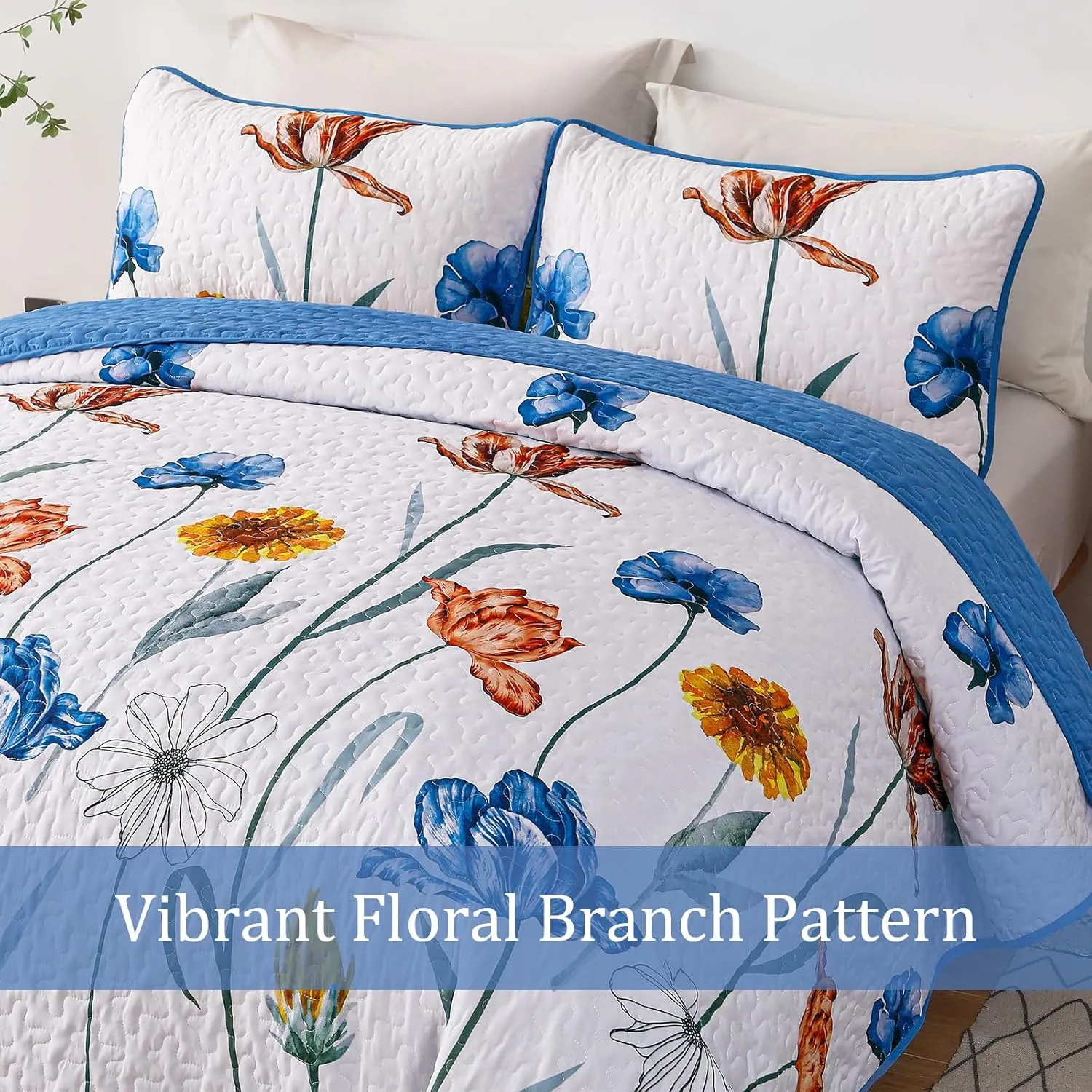 WONGS BEDDING Blue Quilt Set King Size,Cute Floral Botanical Bedspread Bedding Set with 2 Pillowcase,Lightweight Farmhouse Coverlet Set for All Season (104"x90")