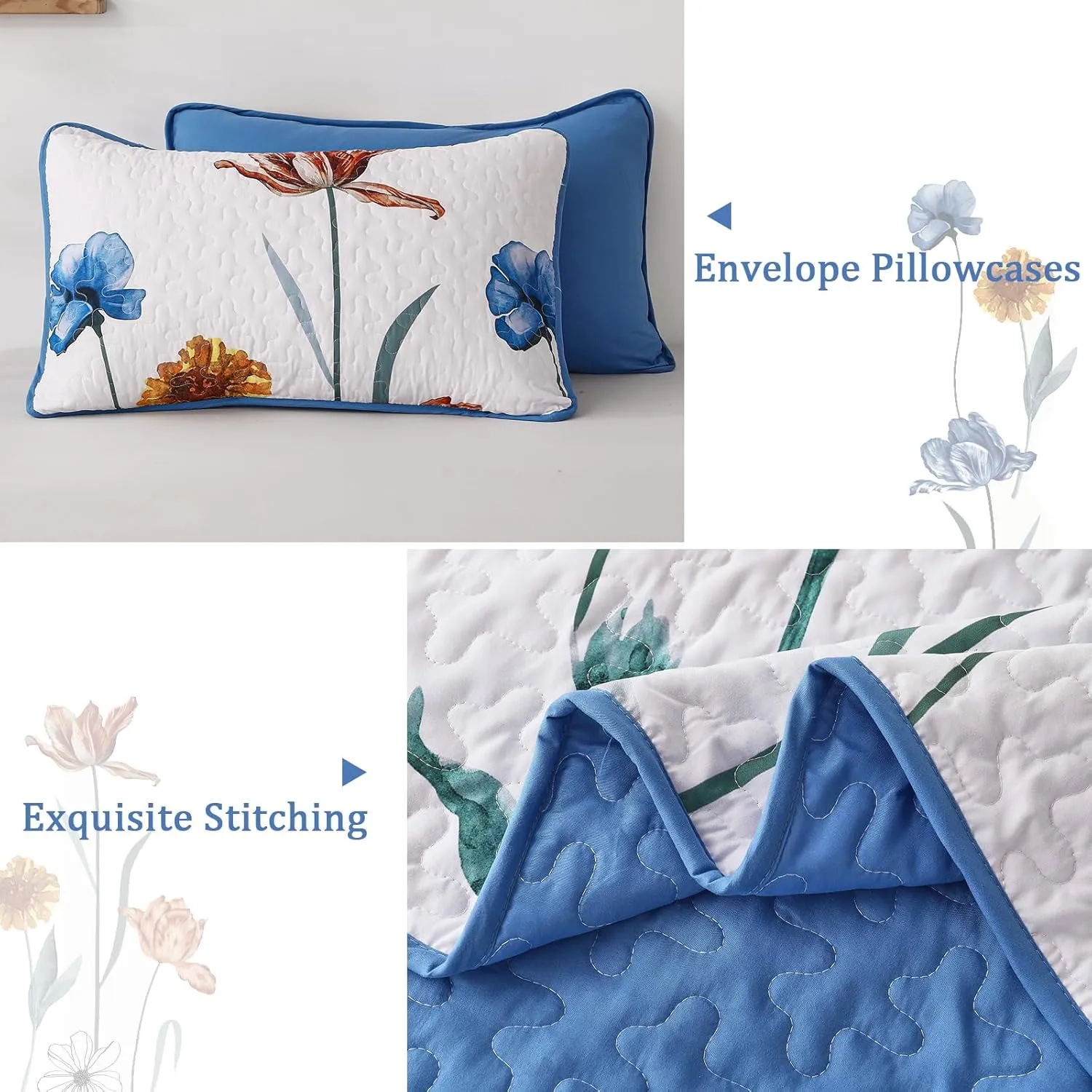 WONGS BEDDING Blue Quilt Set King Size,Cute Floral Botanical Bedspread Bedding Set with 2 Pillowcase,Lightweight Farmhouse Coverlet Set for All Season (104"x90")