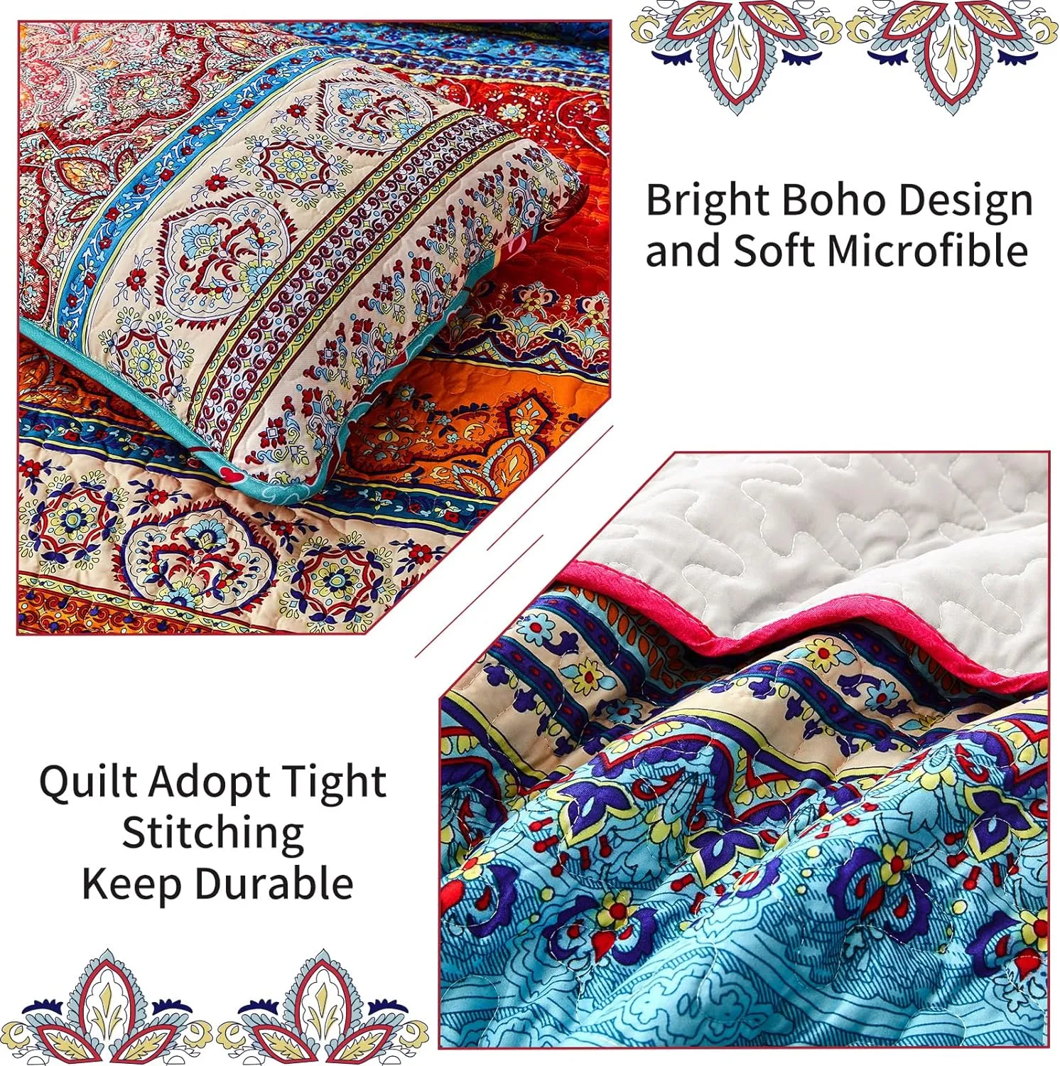 WONGS BEDDING Bohemian Quilt Set Queen Size, Boho Striped Pattern Bedspread Set for All Season, Microfiber Lightweight Coverlet Bedding Set 96"x90"(3 Pieces, Colorful)