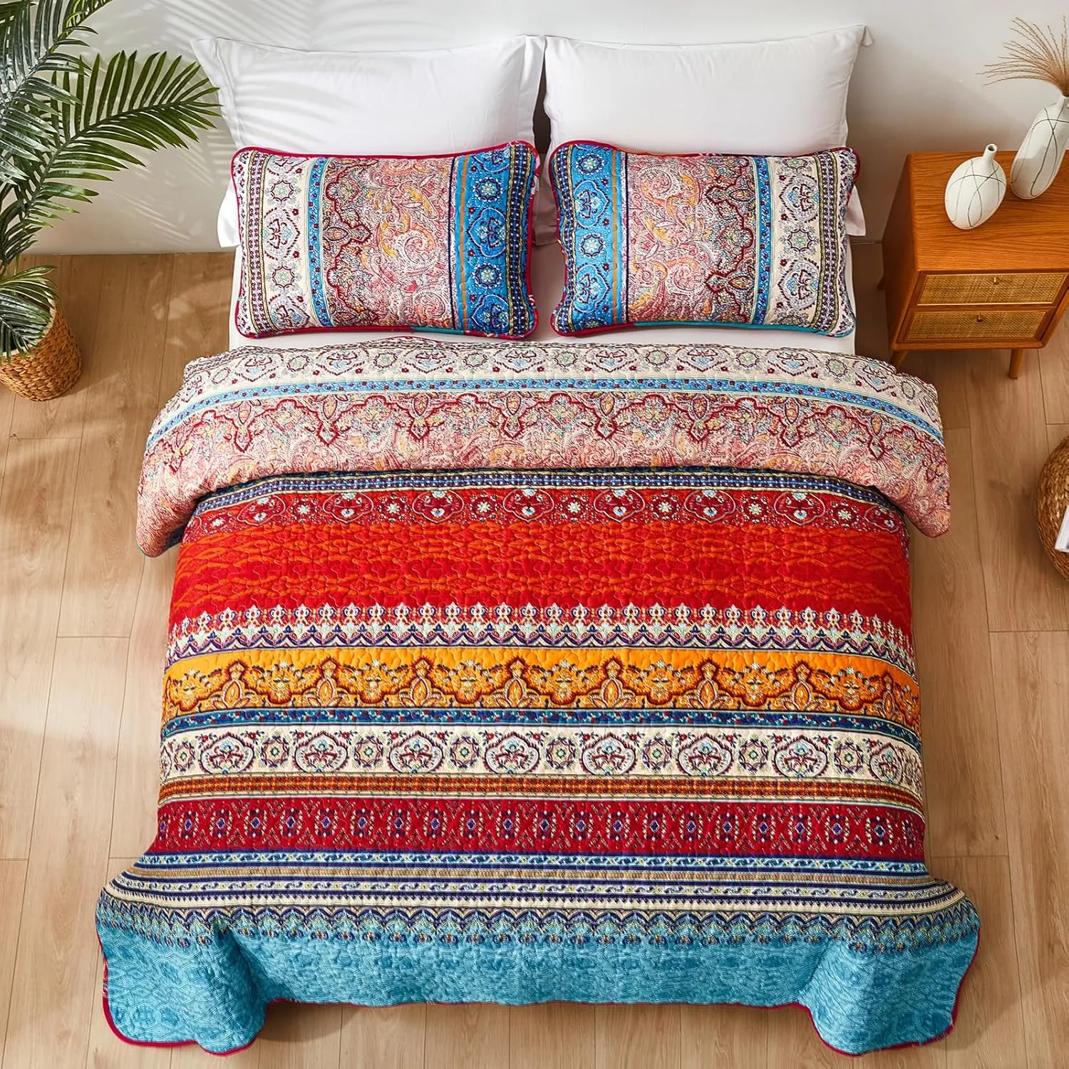 WONGS BEDDING Bohemian Quilt Set Queen Size, Boho Striped Pattern Bedspread Set for All Season, Microfiber Lightweight Coverlet Bedding Set 96"x90"(3 Pieces, Colorful)