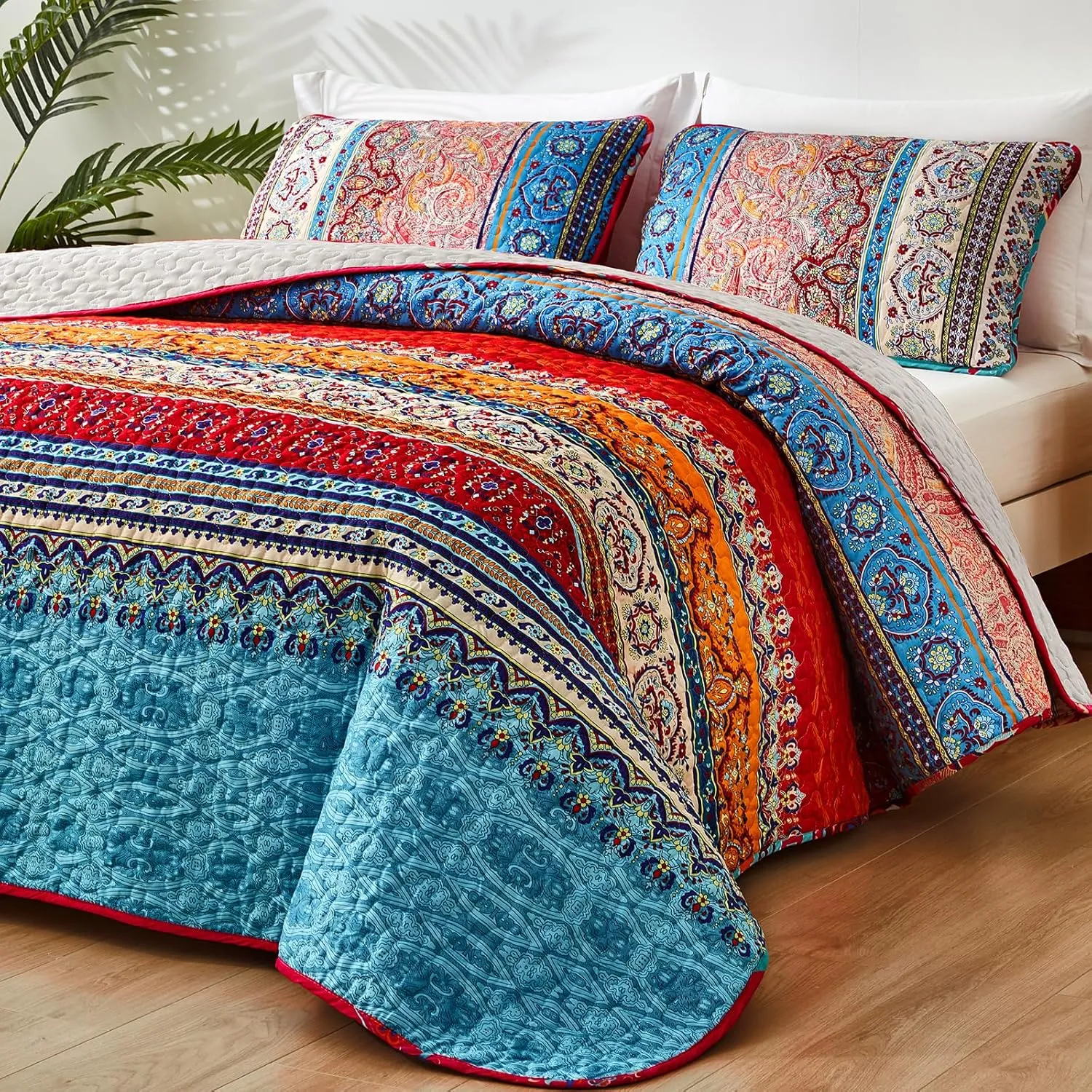 WONGS BEDDING Bohemian Quilt Set Queen Size, Boho Striped Pattern Bedspread Set for All Season, Microfiber Lightweight Coverlet Bedding Set 96"x90"(3 Pieces, Colorful)