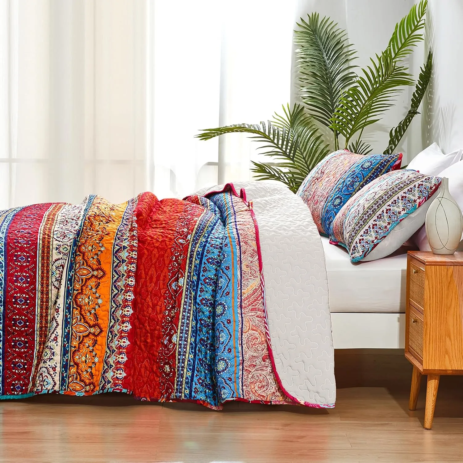 WONGS BEDDING Bohemian Quilt Set Queen Size, Boho Striped Pattern Bedspread Set for All Season, Microfiber Lightweight Coverlet Bedding Set 96"x90"(3 Pieces, Colorful)