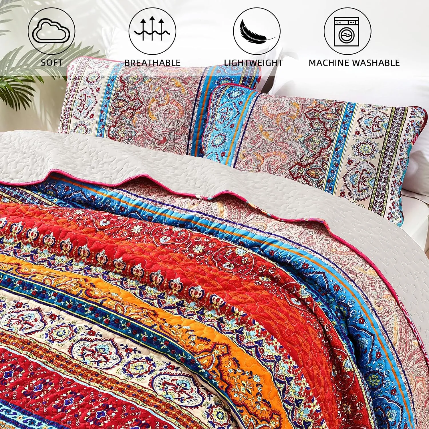 WONGS BEDDING Bohemian Quilt Set Queen Size, Boho Striped Pattern Bedspread Set for All Season, Microfiber Lightweight Coverlet Bedding Set 96"x90"(3 Pieces, Colorful)