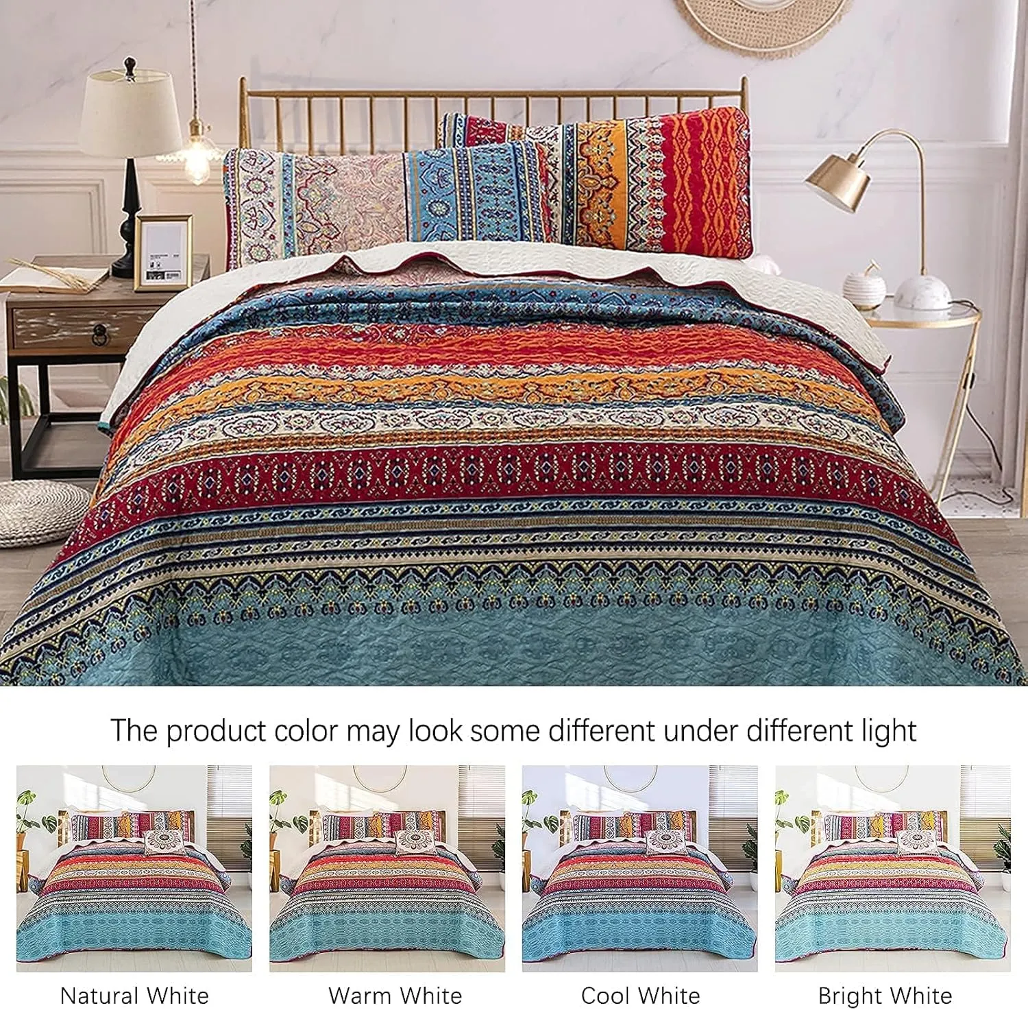 WONGS BEDDING Bohemian Quilt Set Queen Size, Boho Striped Pattern Bedspread Set for All Season, Microfiber Lightweight Coverlet Bedding Set 96"x90"(3 Pieces, Colorful)