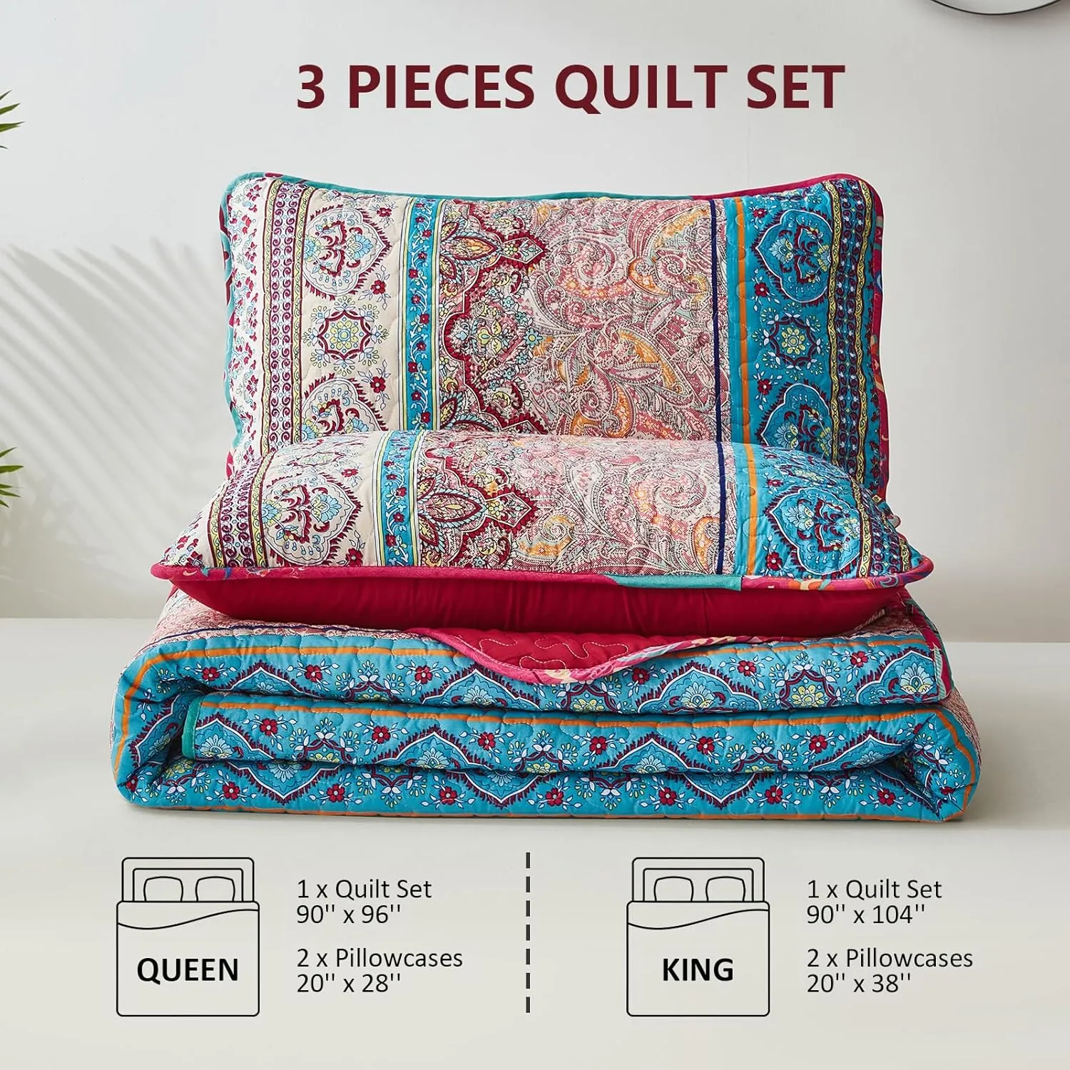 WONGS BEDDING Bohemian Quilt Set Queen Size, Boho Striped Pattern Bedspread Set for All Season, Microfiber Lightweight Coverlet Bedding Set 96"x90"(3 Pieces, Colorful)