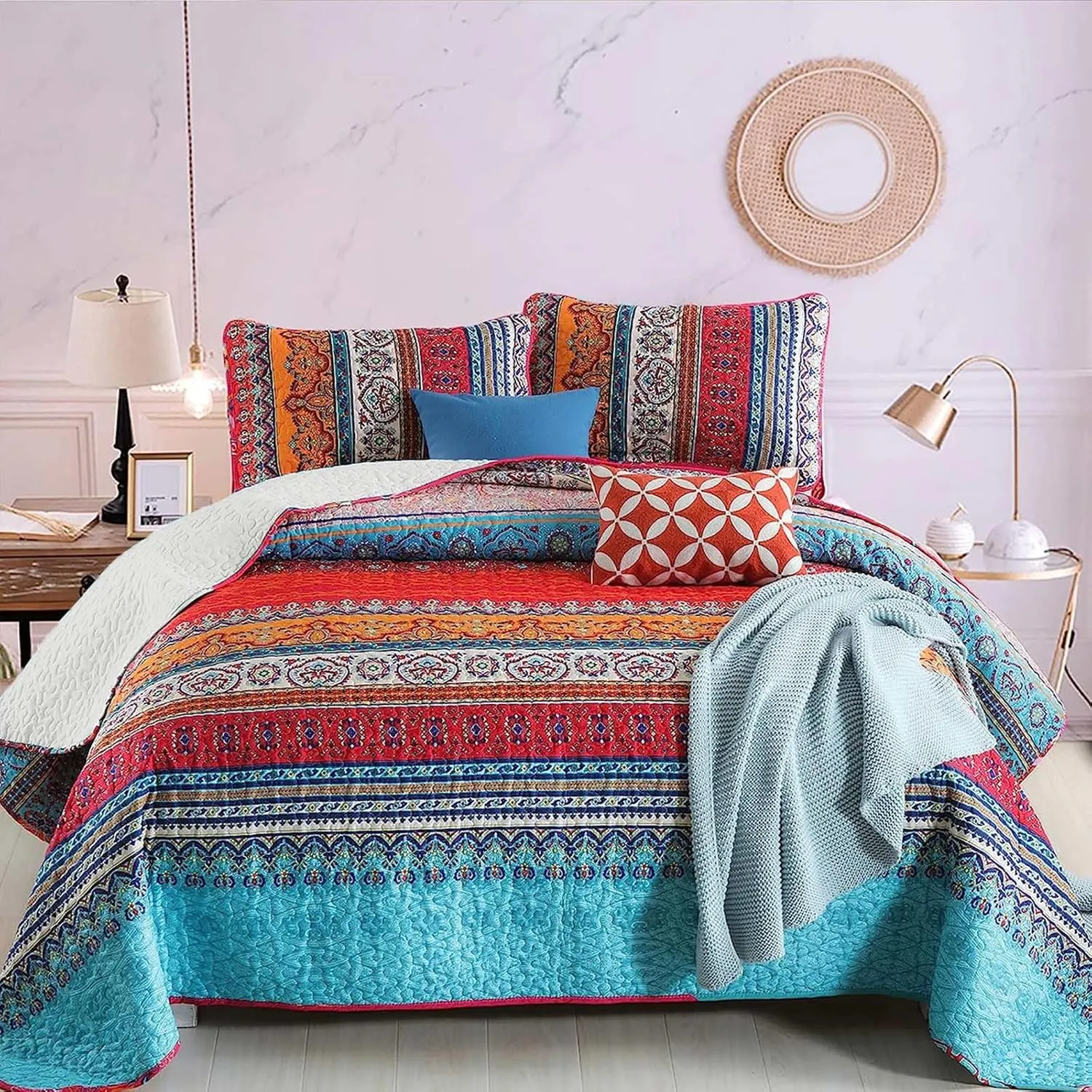 WONGS BEDDING Bohemian Quilt Set Queen Size, Boho Striped Pattern Bedspread Set for All Season, Microfiber Lightweight Coverlet Bedding Set 96"x90"(3 Pieces, Colorful)
