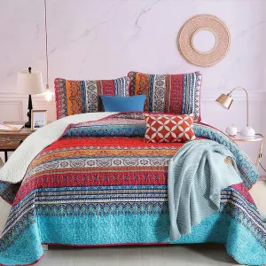 WONGS BEDDING Bohemian Quilt Set Queen Size, Boho Striped Pattern Bedspread Set for All Season, Microfiber Lightweight Coverlet Bedding Set 96"x90"(3 Pieces, Colorful)