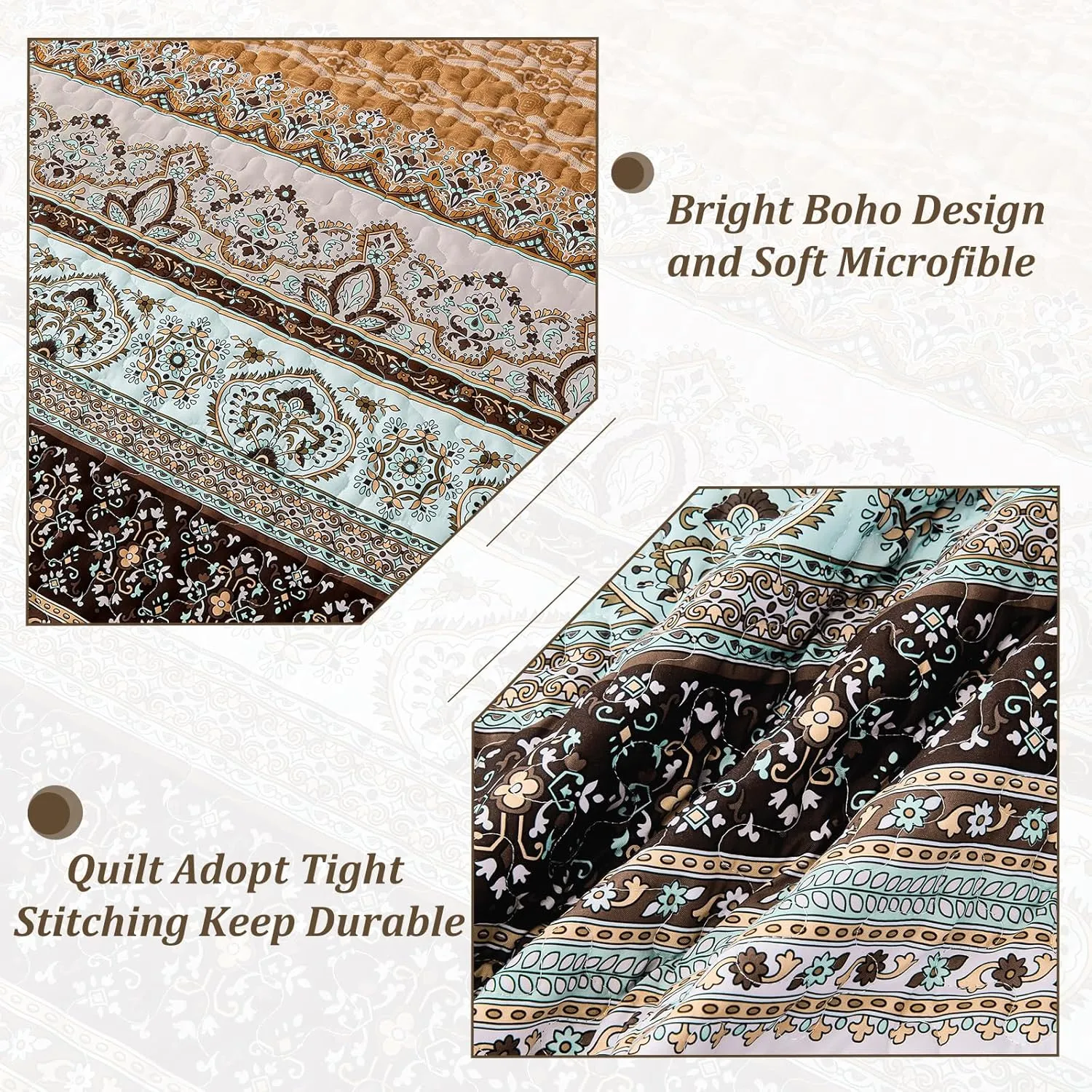 WONGS BEDDING Boho Fall Quilt Set King, Brown Bohemian Quilt Bedding Set, Ultra Soft Lightweight Bed Decor Bedspread for All Season Reversible Microfiber Coverlet Bedding Set 103"x90"(3 Pieces)