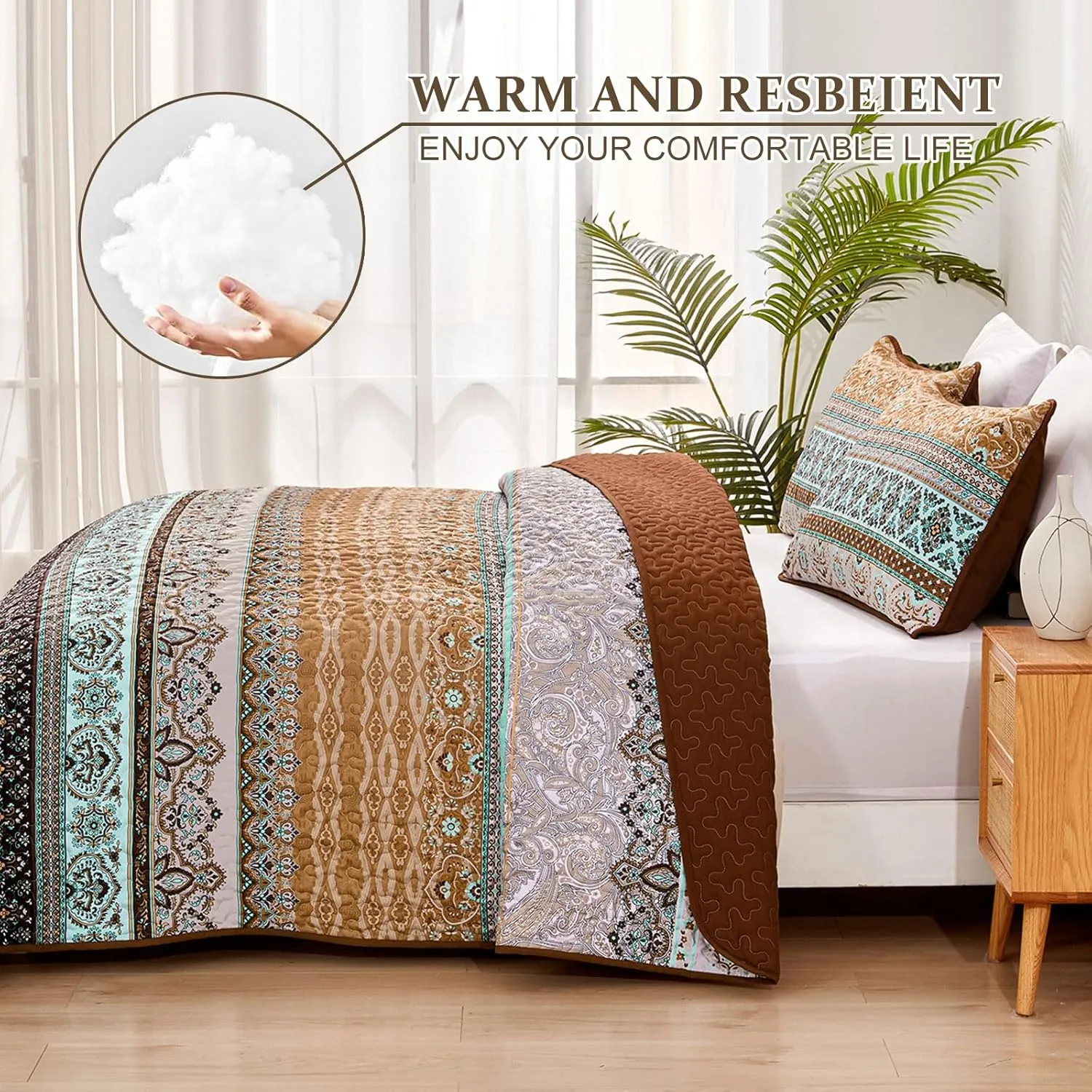 WONGS BEDDING Boho Fall Quilt Set King, Brown Bohemian Quilt Bedding Set, Ultra Soft Lightweight Bed Decor Bedspread for All Season Reversible Microfiber Coverlet Bedding Set 103"x90"(3 Pieces)
