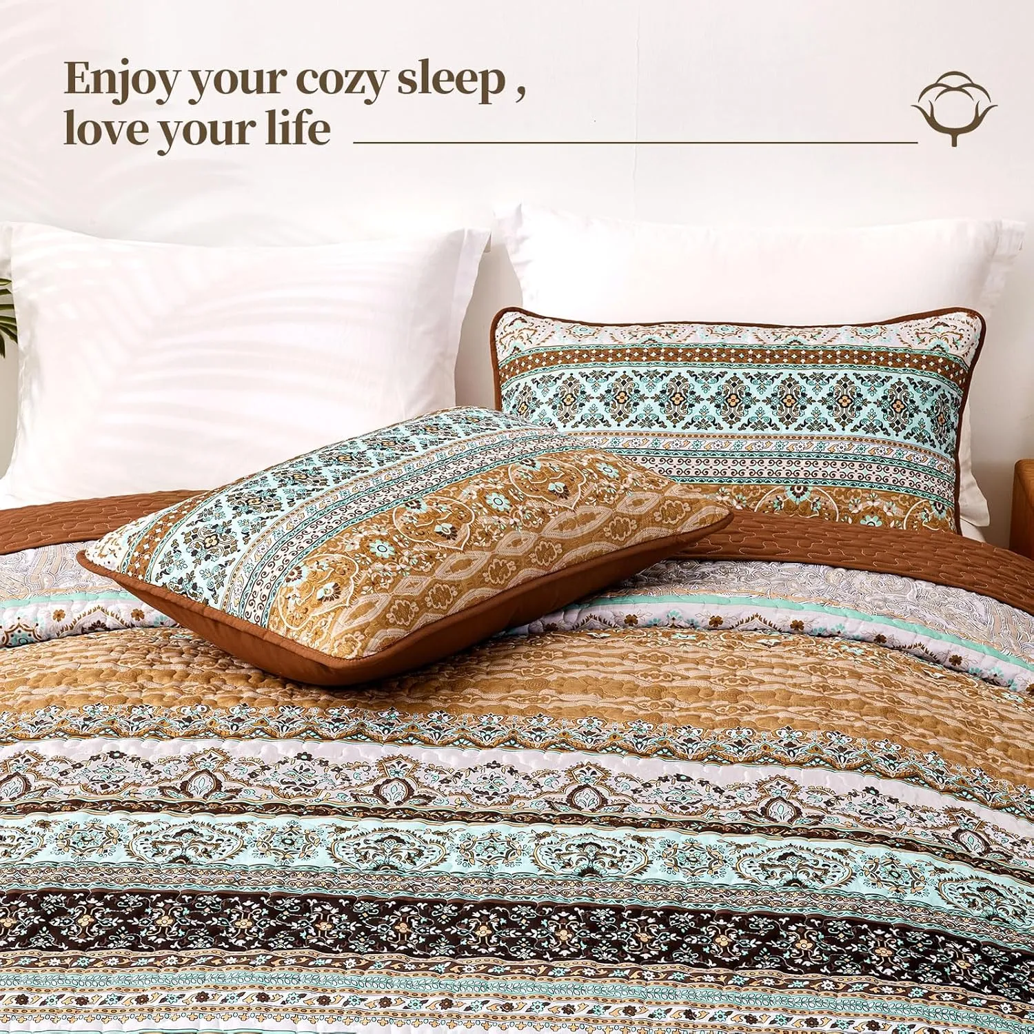 WONGS BEDDING Boho Fall Quilt Set King, Brown Bohemian Quilt Bedding Set, Ultra Soft Lightweight Bed Decor Bedspread for All Season Reversible Microfiber Coverlet Bedding Set 103"x90"(3 Pieces)