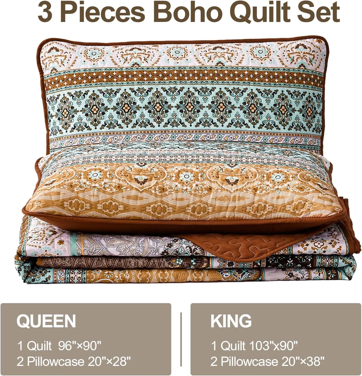 WONGS BEDDING Boho Fall Quilt Set King, Brown Bohemian Quilt Bedding Set, Ultra Soft Lightweight Bed Decor Bedspread for All Season Reversible Microfiber Coverlet Bedding Set 103"x90"(3 Pieces)