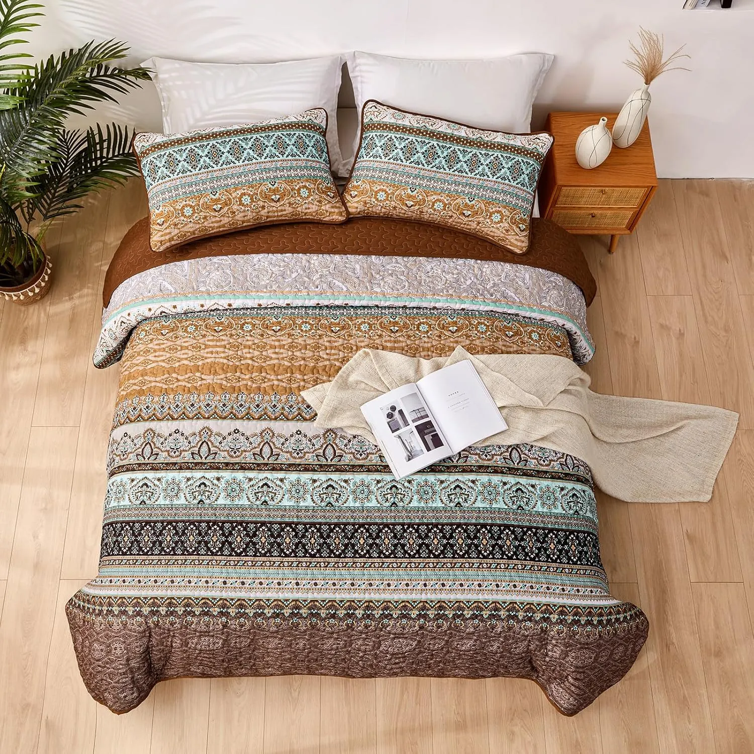WONGS BEDDING Boho Fall Quilt Set King, Brown Bohemian Quilt Bedding Set, Ultra Soft Lightweight Bed Decor Bedspread for All Season Reversible Microfiber Coverlet Bedding Set 103"x90"(3 Pieces)