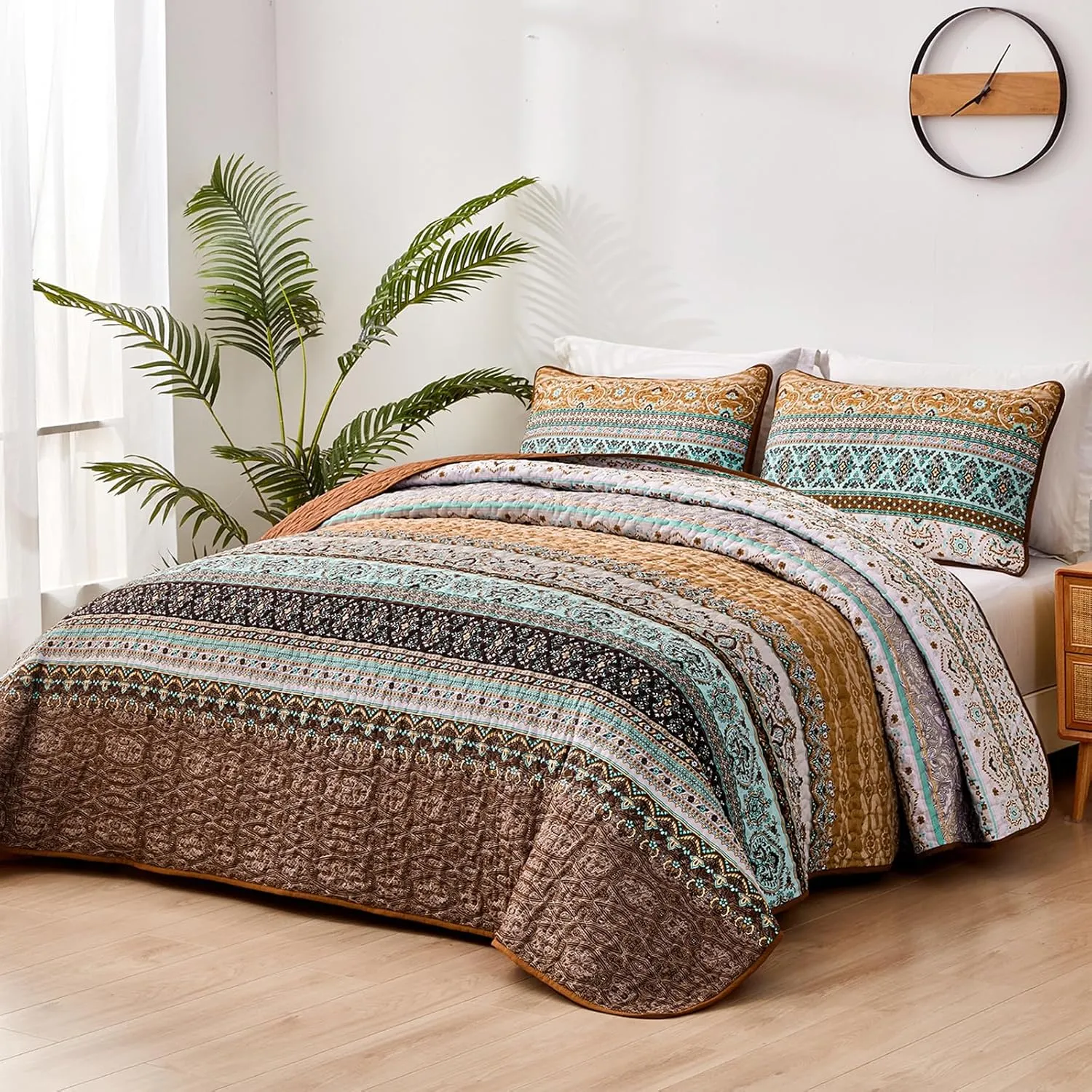 WONGS BEDDING Boho Fall Quilt Set King, Brown Bohemian Quilt Bedding Set, Ultra Soft Lightweight Bed Decor Bedspread for All Season Reversible Microfiber Coverlet Bedding Set 103"x90"(3 Pieces)