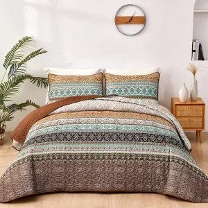 WONGS BEDDING Boho Fall Quilt Set King, Brown Bohemian Quilt Bedding Set, Ultra Soft Lightweight Bed Decor Bedspread for All Season Reversible Microfiber Coverlet Bedding Set 103"x90"(3 Pieces)