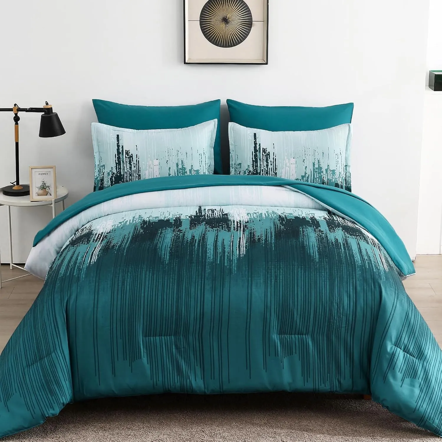 WONGS BEDDING Comforter Set King, Teal Green 7 Pieces Bed in a Bag Colorful Abstract Art Gradient Comforter Soft Microfiber Bedding Set with Comforter, Flat Sheet,Fitted Sheet,Pillow Shams,Pillowcases