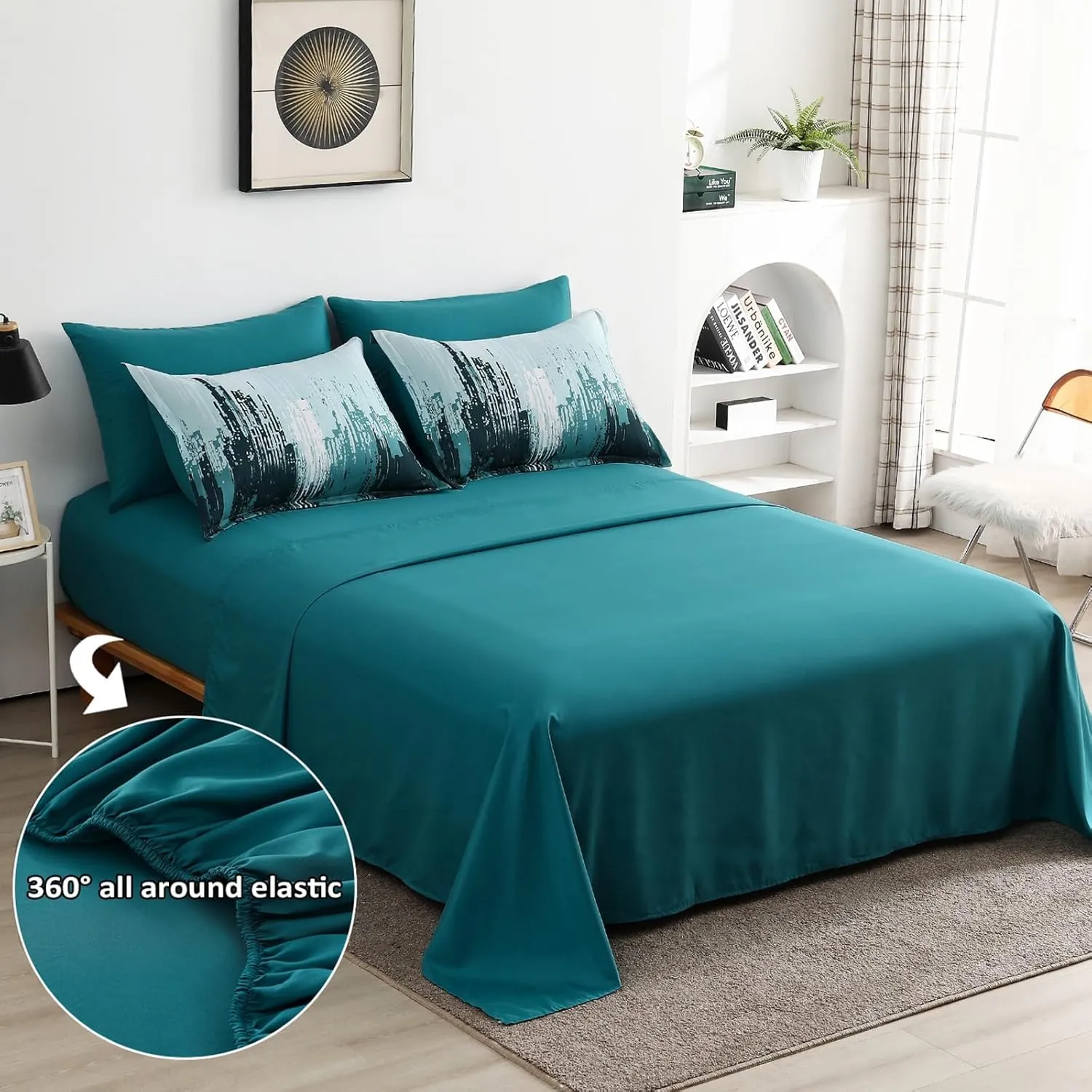 WONGS BEDDING Comforter Set King, Teal Green 7 Pieces Bed in a Bag Colorful Abstract Art Gradient Comforter Soft Microfiber Bedding Set with Comforter, Flat Sheet,Fitted Sheet,Pillow Shams,Pillowcases
