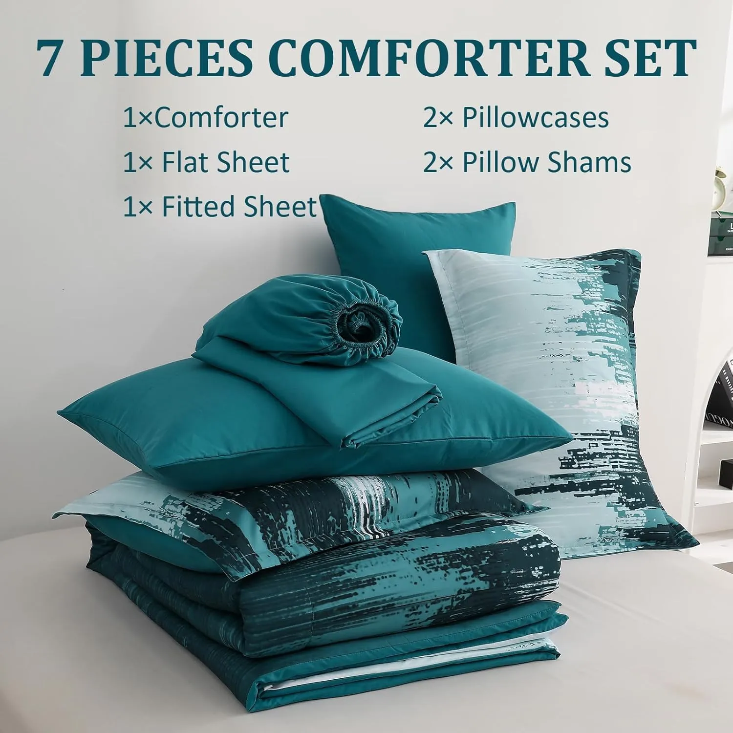 WONGS BEDDING Comforter Set King, Teal Green 7 Pieces Bed in a Bag Colorful Abstract Art Gradient Comforter Soft Microfiber Bedding Set with Comforter, Flat Sheet,Fitted Sheet,Pillow Shams,Pillowcases
