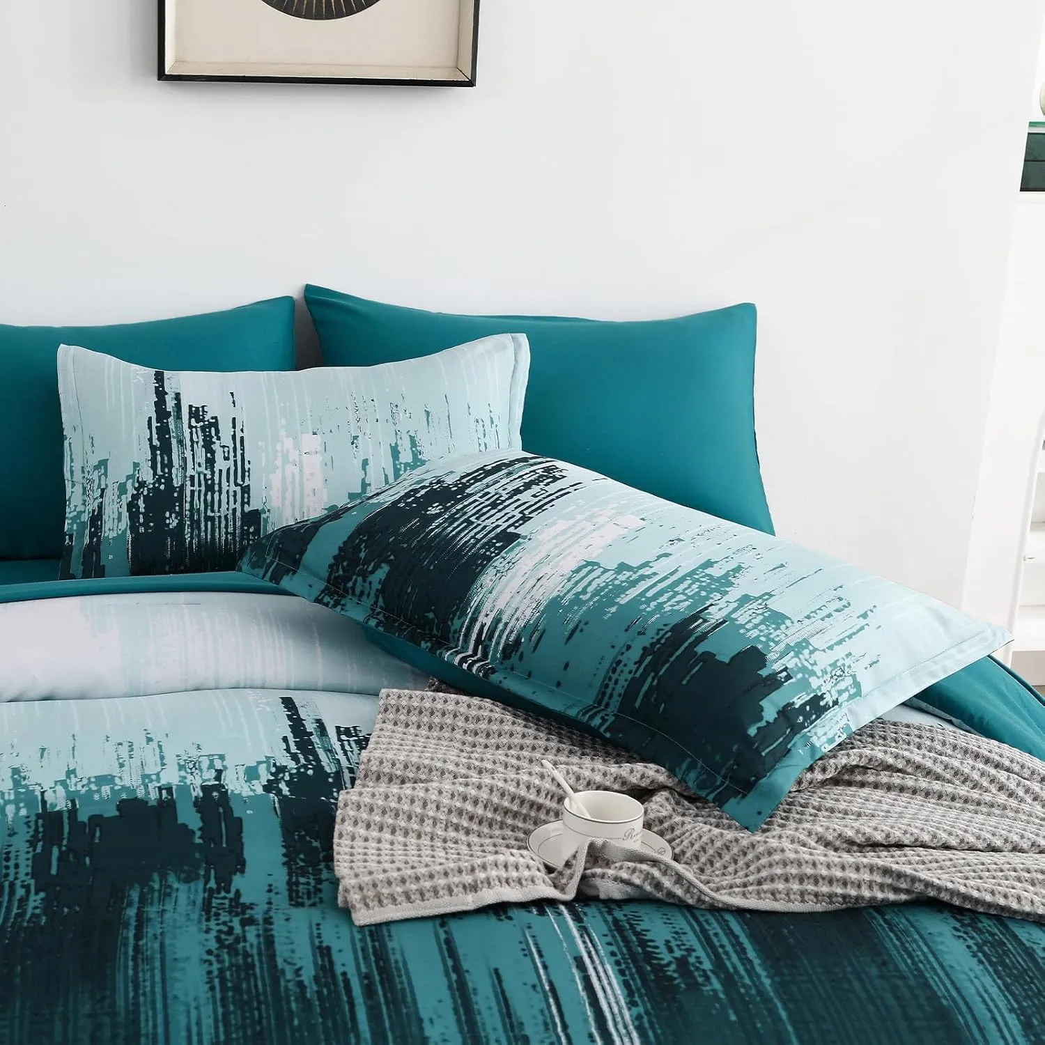 WONGS BEDDING Comforter Set King, Teal Green 7 Pieces Bed in a Bag Colorful Abstract Art Gradient Comforter Soft Microfiber Bedding Set with Comforter, Flat Sheet,Fitted Sheet,Pillow Shams,Pillowcases