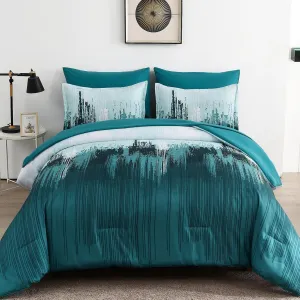 WONGS BEDDING Comforter Set King, Teal Green 7 Pieces Bed in a Bag Colorful Abstract Art Gradient Comforter Soft Microfiber Bedding Set with Comforter, Flat Sheet,Fitted Sheet,Pillow Shams,Pillowcases