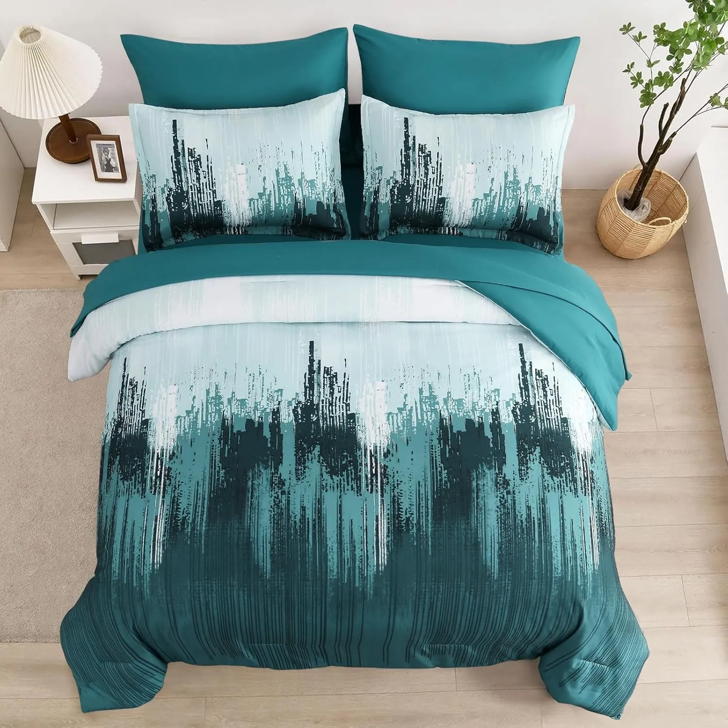 WONGS BEDDING Comforter Set King, Teal Green 7 Pieces Bed in a Bag Colorful Abstract Art Gradient Comforter Soft Microfiber Bedding Set with Comforter, Flat Sheet,Fitted Sheet,Pillow Shams,Pillowcases
