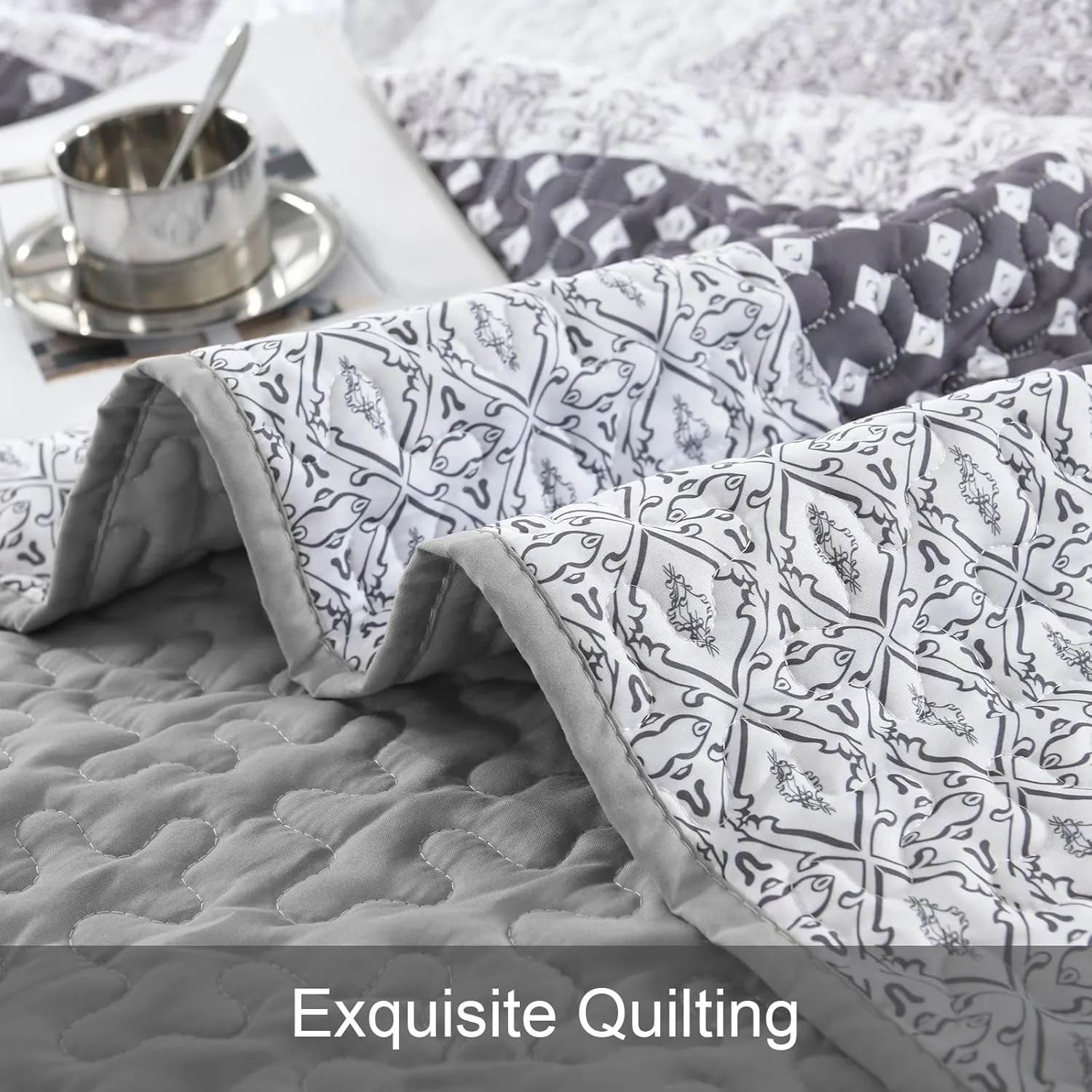 WONGS BEDDING Grey Quilt Queen Size, Bohemian Stripe Quilt Sets 3 Pieces Gray Boho Quilted Bedspread Set Lightweight Microfiber Coverlet Bedding Set All Season (96"x90")